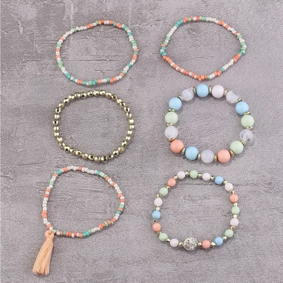6pc Pastel Beaded Tassel Bracelets - Picture 2 of 4